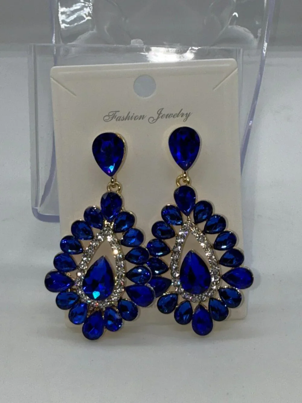 NWT Royal Blue Rhinestone Statement Chandelier Earrings